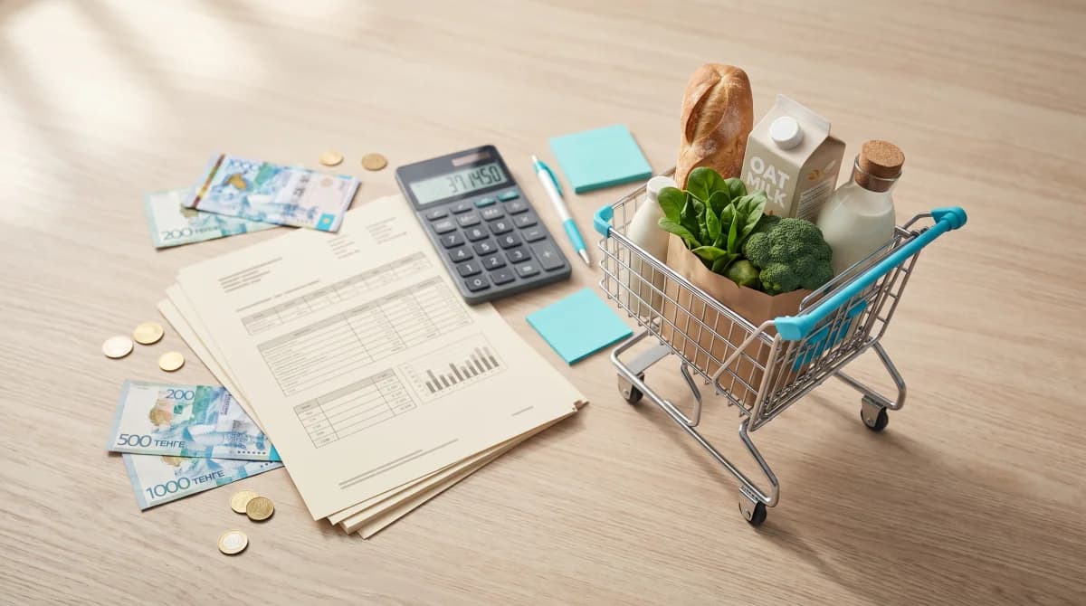Продуктовая тележка, стопка счетов за коммунальные услуги и калькулятор на светлом столе, рядом монеты и купюры тенге, метафора планирования семейного бюджета казахстанцев в 2026 году