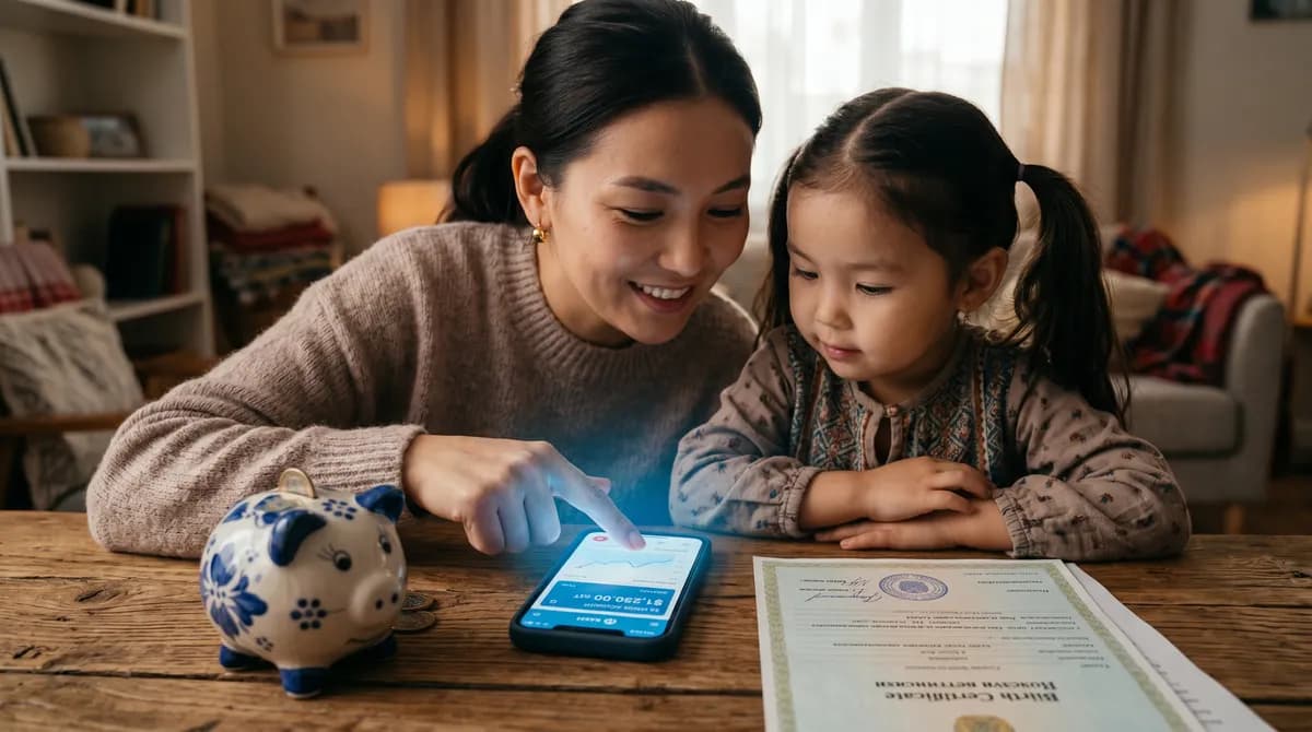 Казахстанская семья открывает детский депозит в банковском приложении, ребёнок и родители за столом