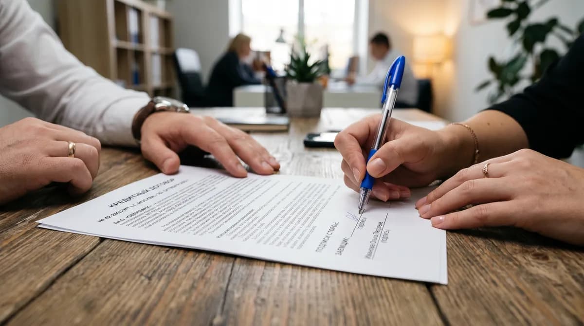 Человек внимательно читает кредитный договор, на столе лежит ручка и документы банка