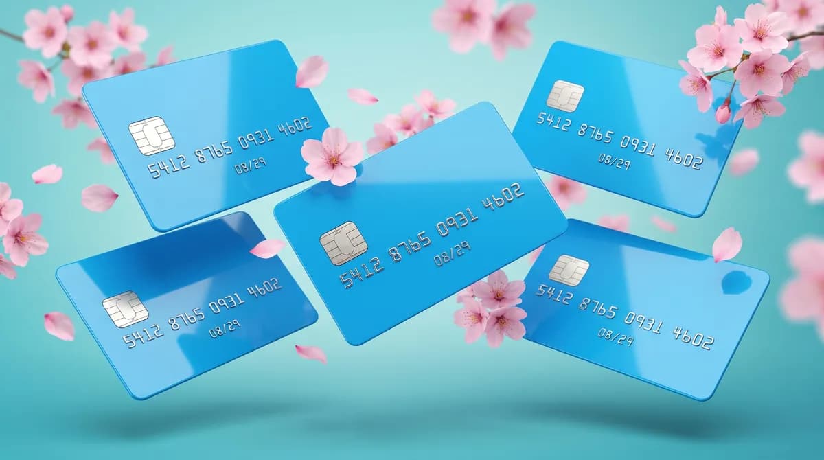 Плавающие голубые банковские карты с цветами сакуры на бирюзовом фоне