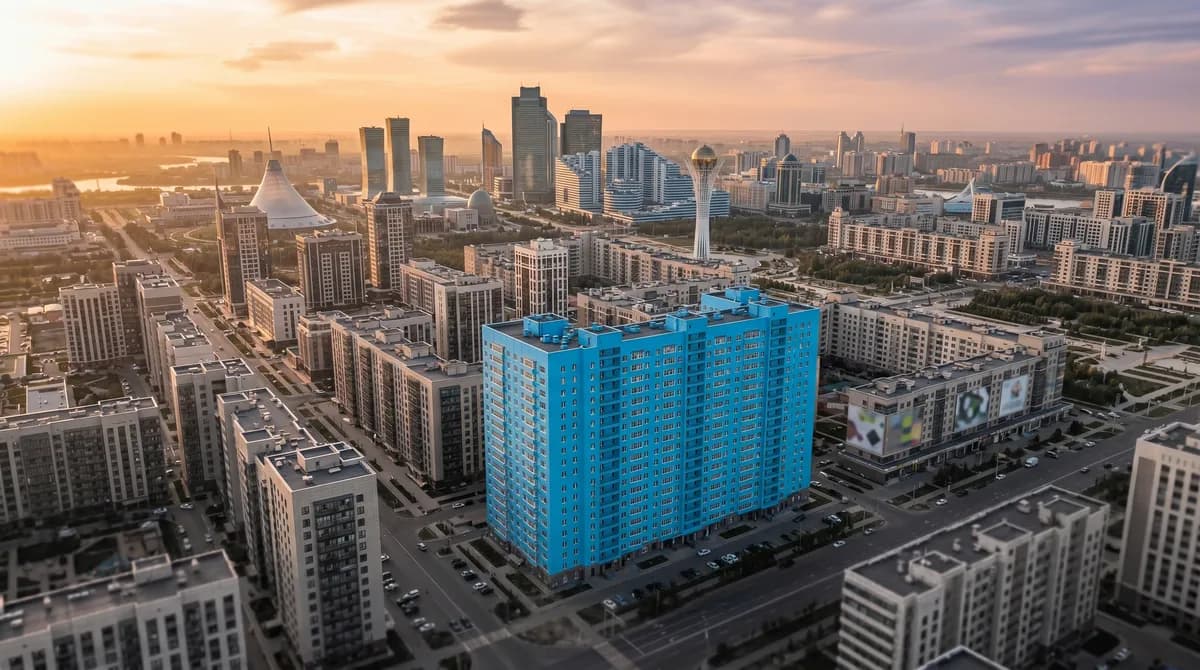 Панорама Астаны с башней Байтерек и многоэтажным жилым домом в голубом цвете