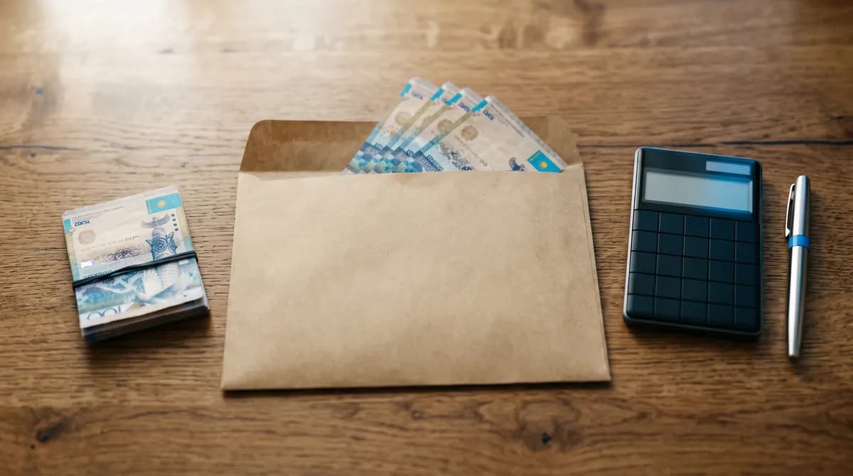 Бумажный конверт с казахстанскими тенге, калькулятор и серебряная ручка на деревянном столе