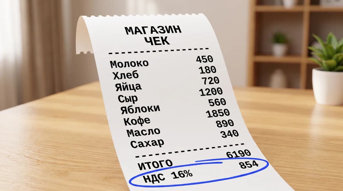 Длинный кассовый чек на деревянном столе со списком продуктов (молоко, хлеб, яйца, сыр) и итогом, строка «НДС 16%» обведена синим кругом — символ повышения ставки налога с 12% до 16% в Казахстане в 2026 году