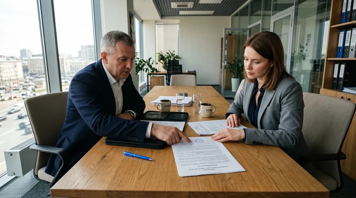 Мужчина за столом изучает документы об исполнительном производстве на фоне синего акцентного света