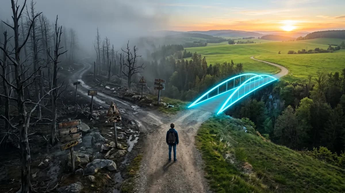 Человек на развилке двух дорог: слева серый туманный лес со старыми указателями, справа светящийся голубой мост в фирменном цвете #37B3FA, ведущий к закату над зелёной долиной