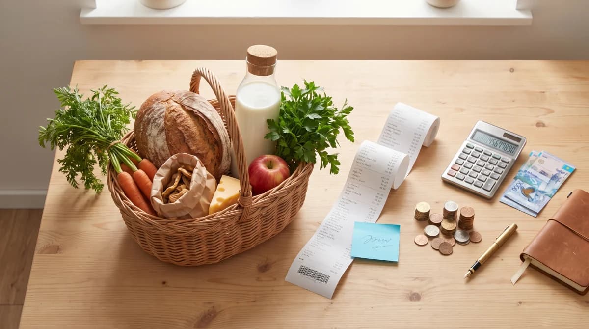 Молодая казашка проверяет чек с продуктами дома за столом, рядом ноутбук с абстрактной таблицей семейного бюджета на бирюзовом #37B3FA фоне и калькулятор, метафора защиты семейного бюджета от инфляции в Казахстане в 2026 году